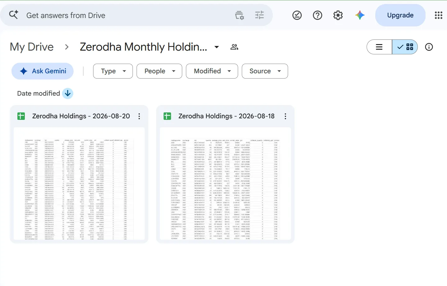 Real Google Drive folder listing for “Zerodha Monthly Holdings,” showing two dated Sheets from actual runs — thumbnails too small to read any individual figures.